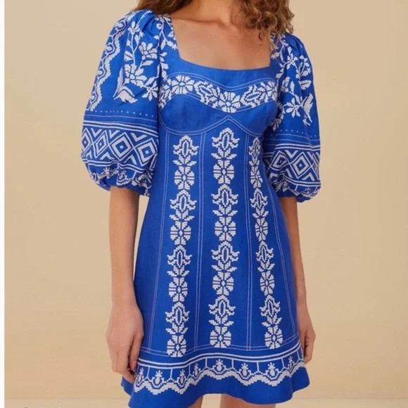 FARM Rio Tropical Printed Blue Euroflax Premium Linen Mini Dress Size Medium NWT - Picture 12 of 13